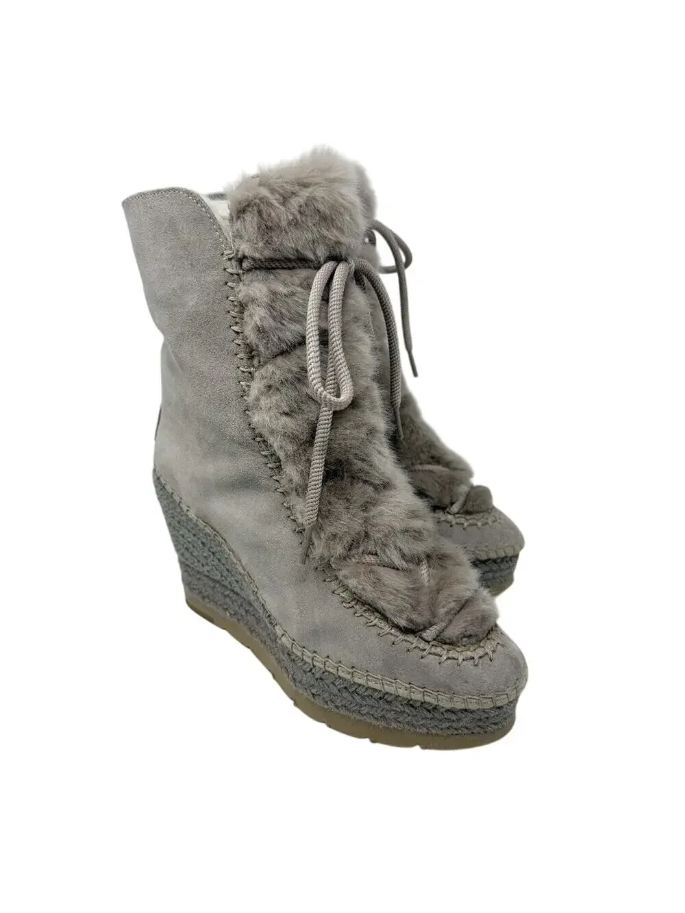 Vidorreta Taupe Suede & Faux Fur Espadrille Boots Size EU 39 Lace Up Wedge Heel